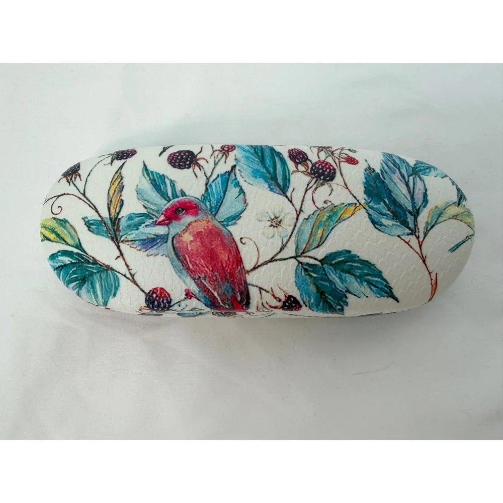Floral Bird Print Hard Shell Eyeglass Case White Botanical Berry Chic 103-125